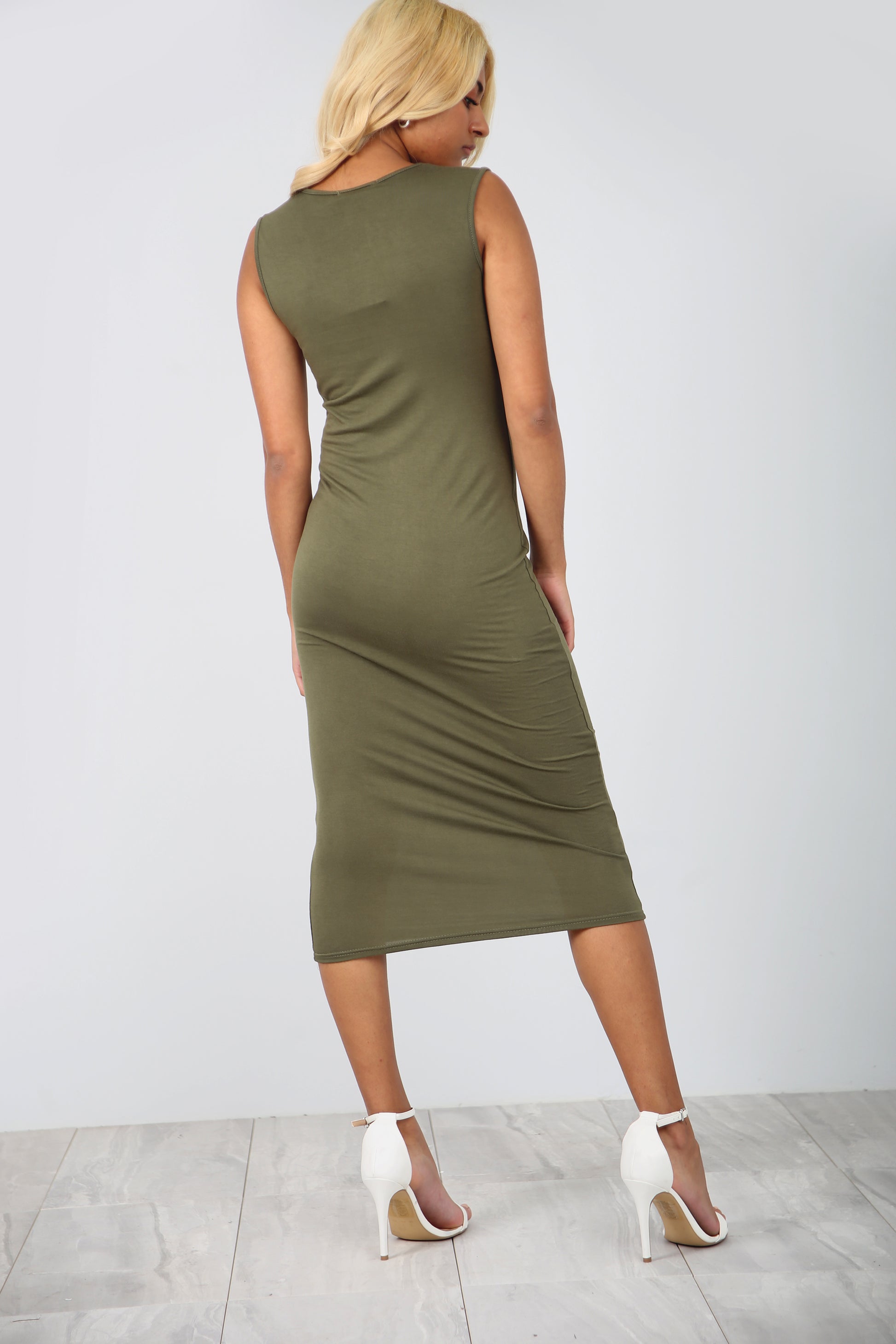 Sleeveless Basic Jersey Khaki Bodycon Midi Dress - bejealous-com
