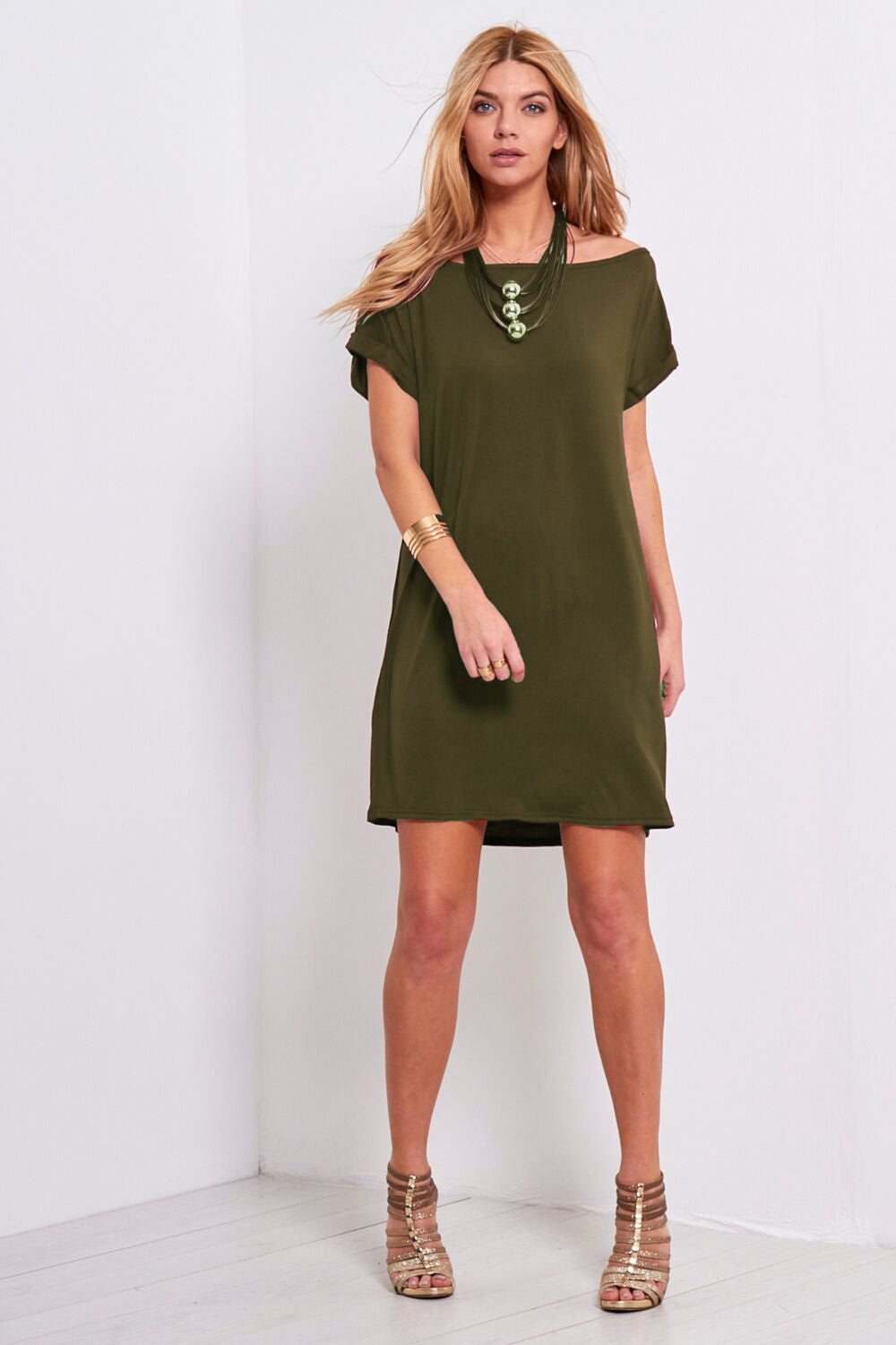Khaki Off Shoulder Oversize Tshirt Dress - bejealous-com