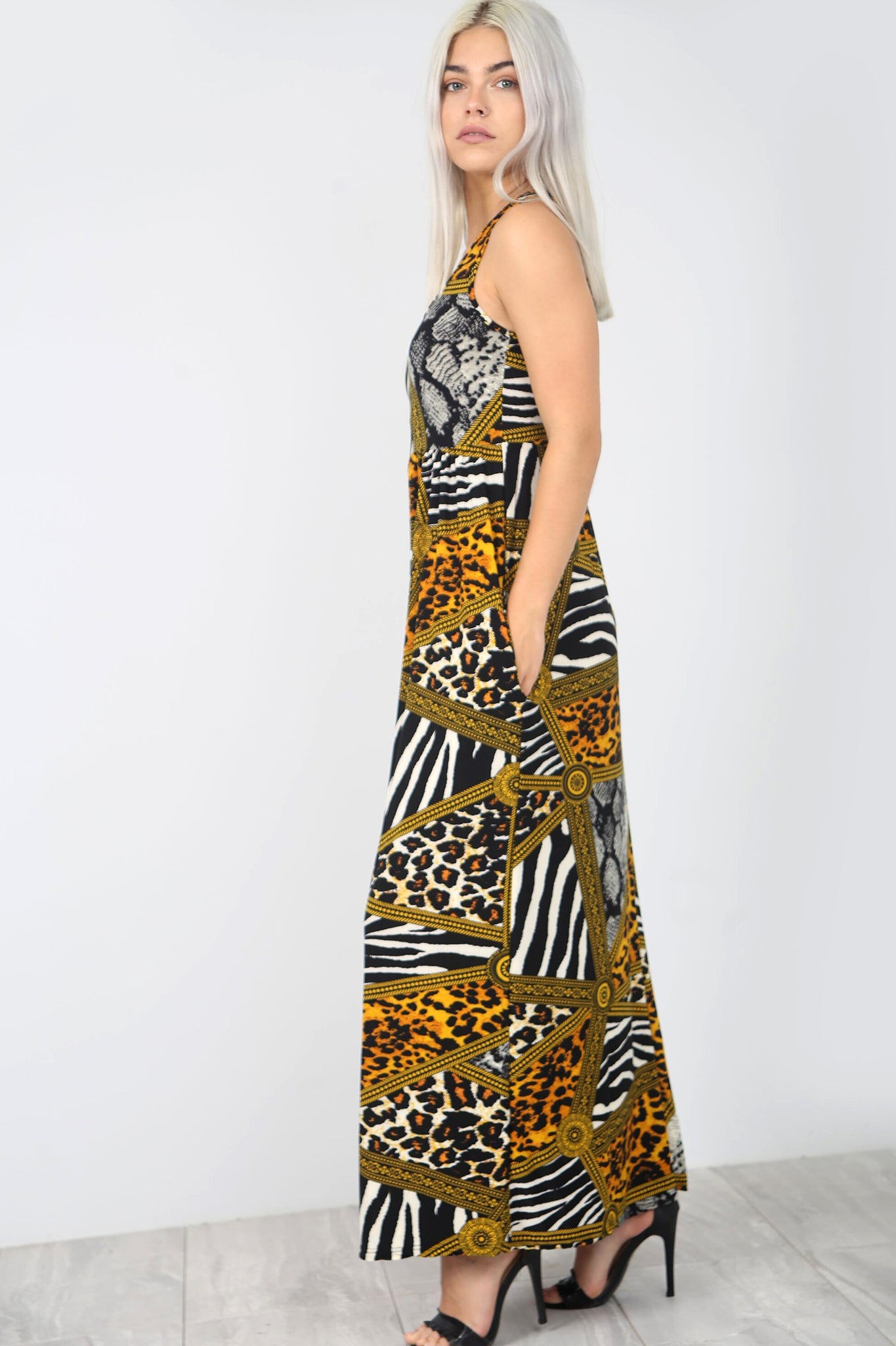 Racer Back Animal Print Maxi Dress With Pockets - bejealous-com