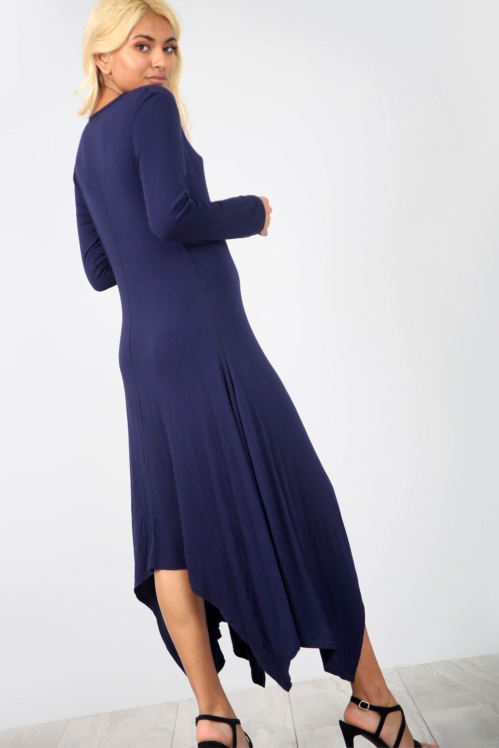 Long Sleeve Hanky Hem Navy Midi Dress - bejealous-com