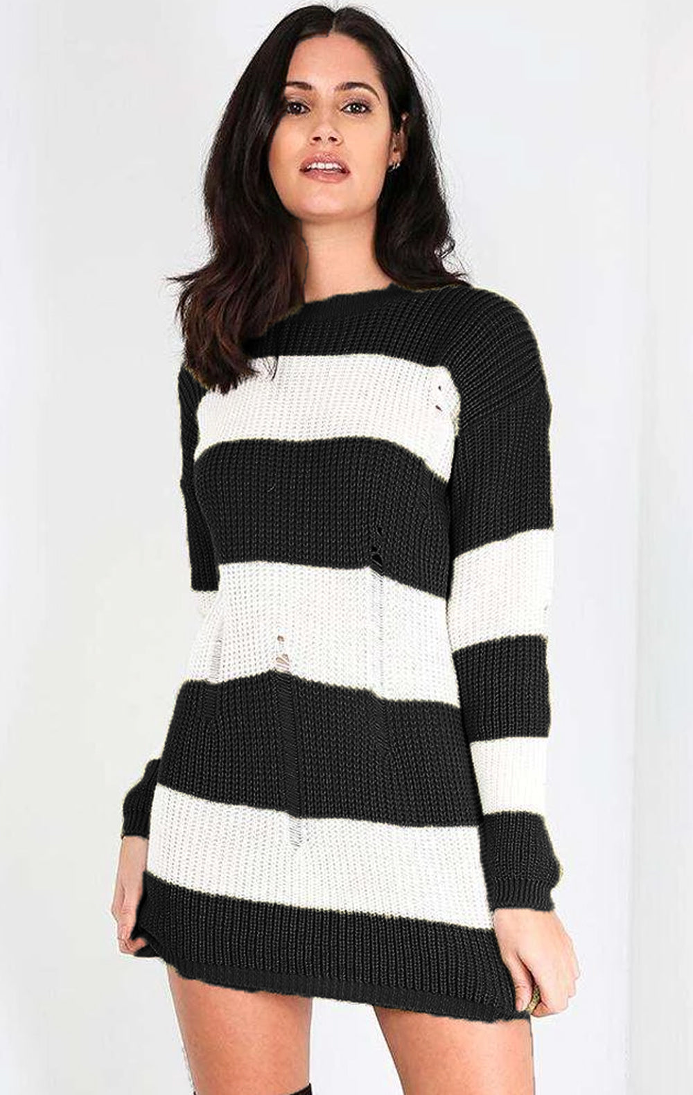 Striped Monochrome Knitted Jumper Dress - bejealous-com