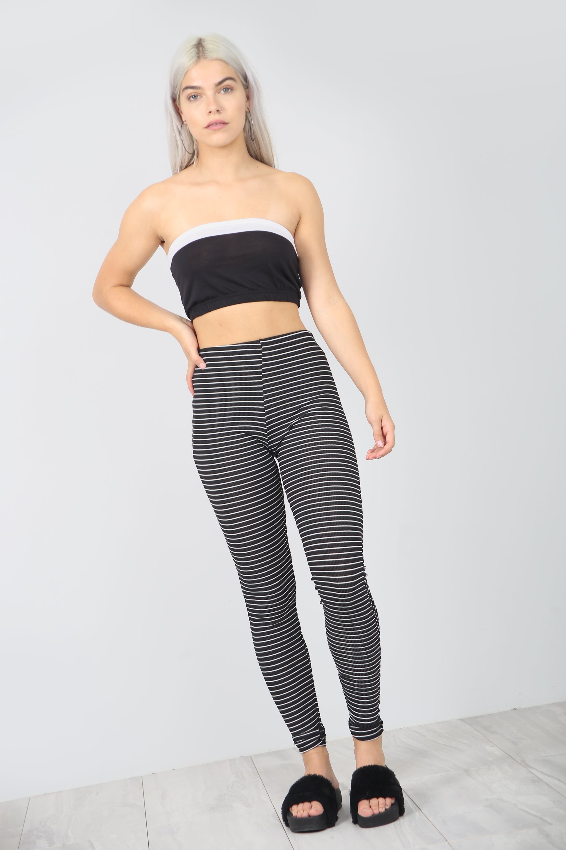 Monochrome High Waisted Stretch Striped Leggings - bejealous-com