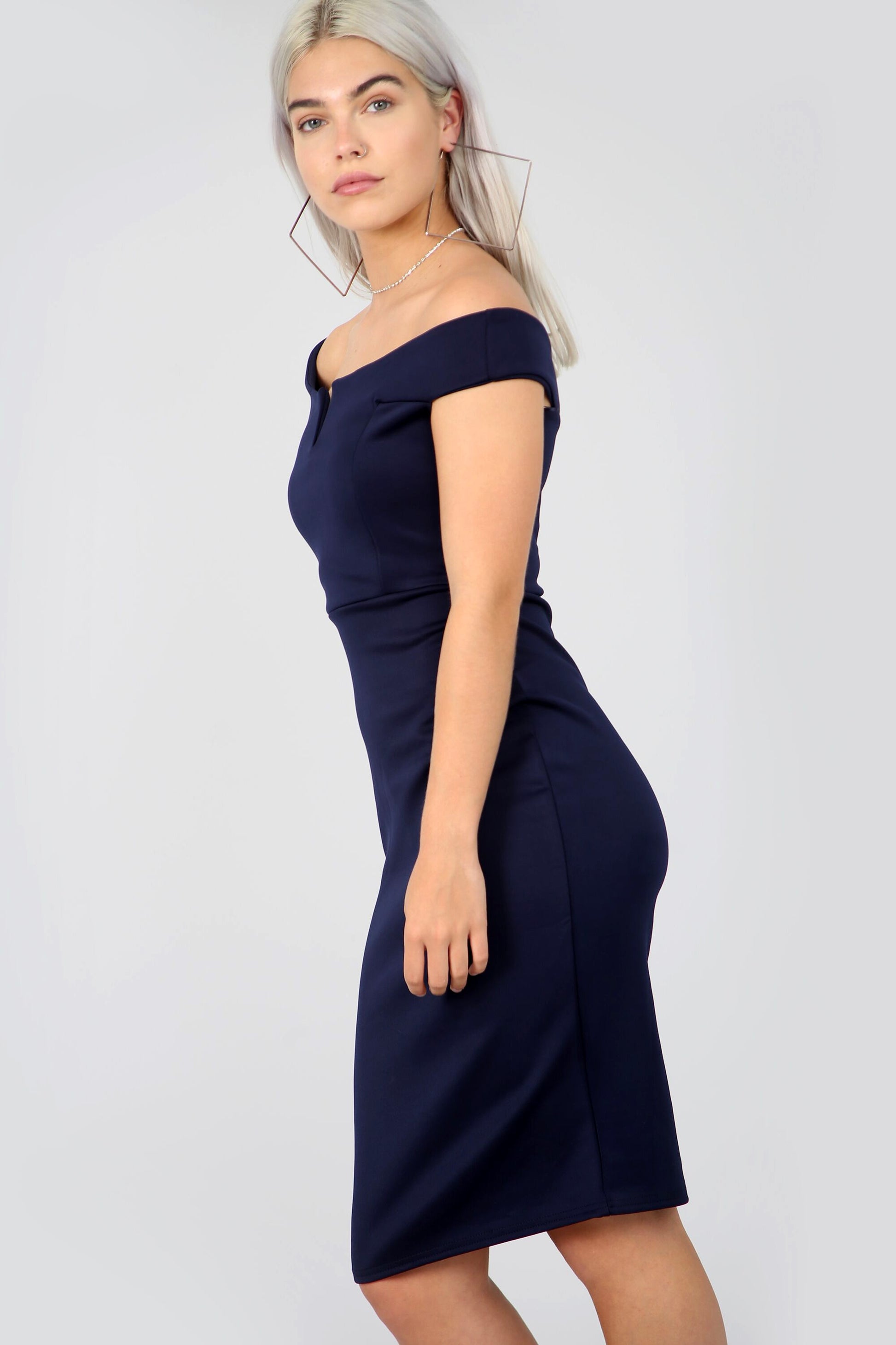 Navy Off Shoulder V Bar Midi Bodycon Dress - bejealous-com