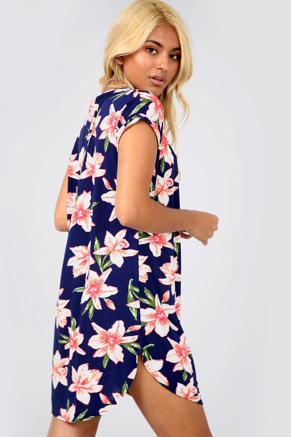 Floral Navy Curved Hem Baggy Tshirt Dress - bejealous-com