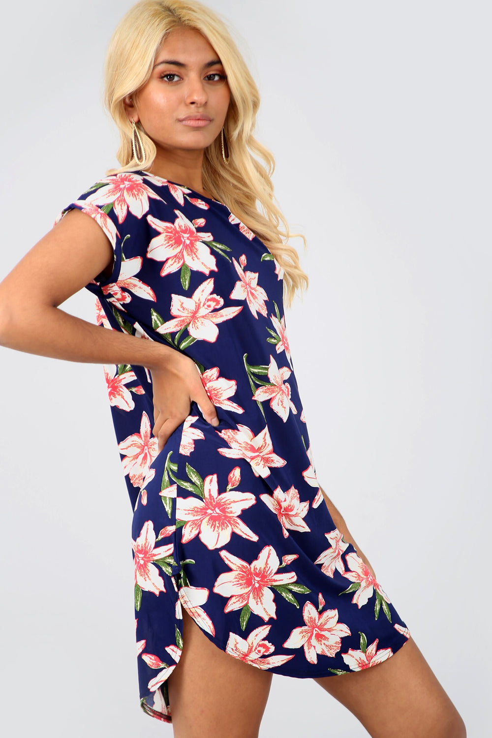 Floral Navy Curved Hem Baggy Tshirt Dress - bejealous-com