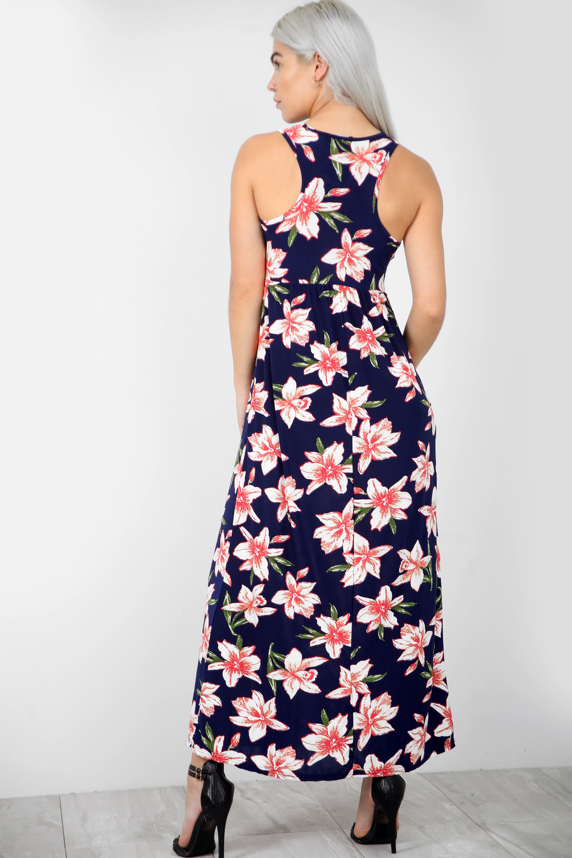 Floral Print Navy Maxi Dress With Pockets - bejealous-com