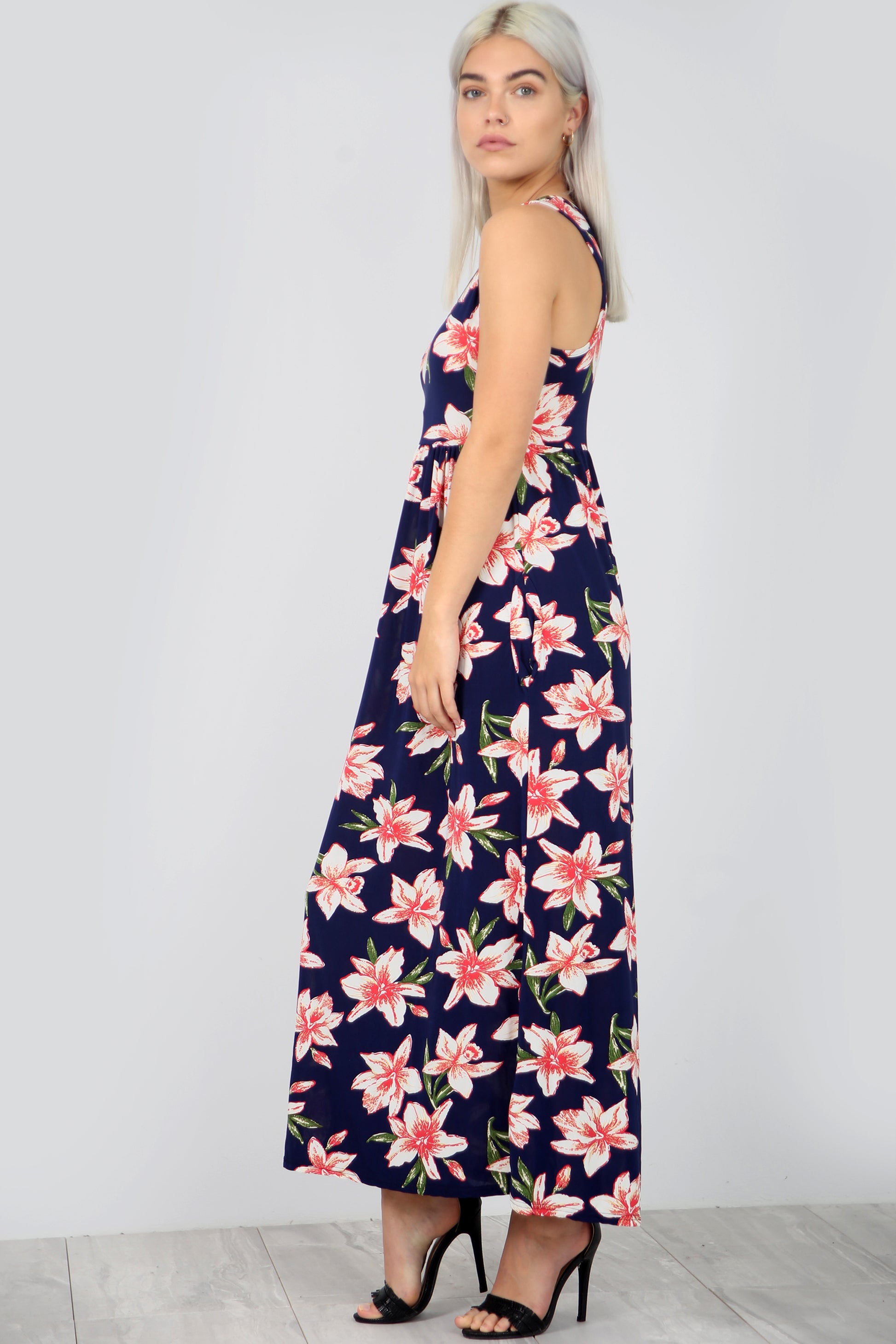 Floral Print Navy Maxi Dress With Pockets - bejealous-com