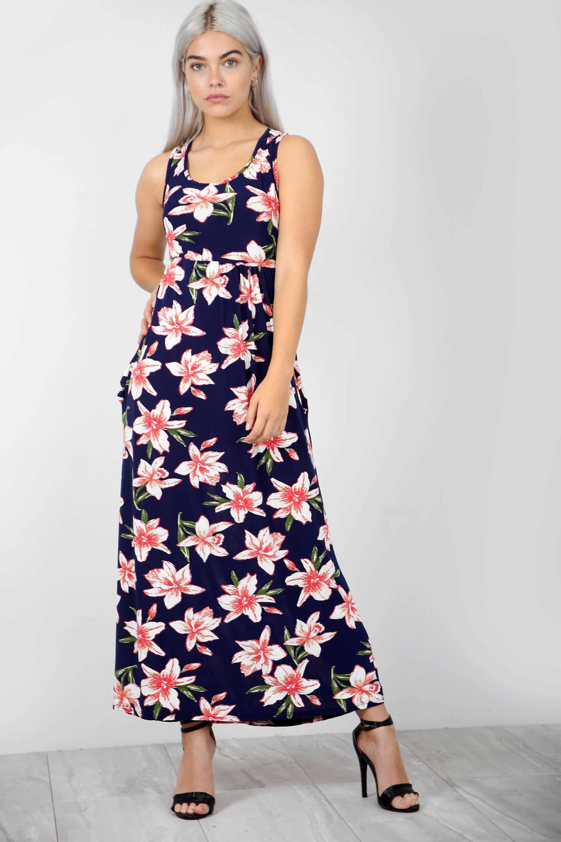 Tropical Print Purple Maxi Dress With Pockets - bejealous-com