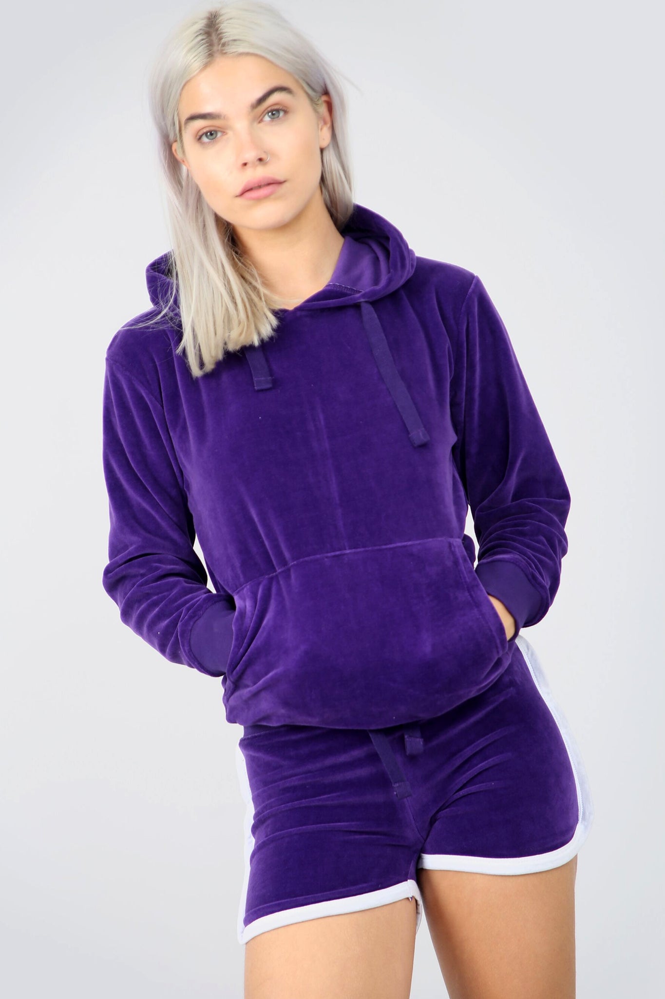 Monochrome Faux Velvet Hooded Coord Set - bejealous-com