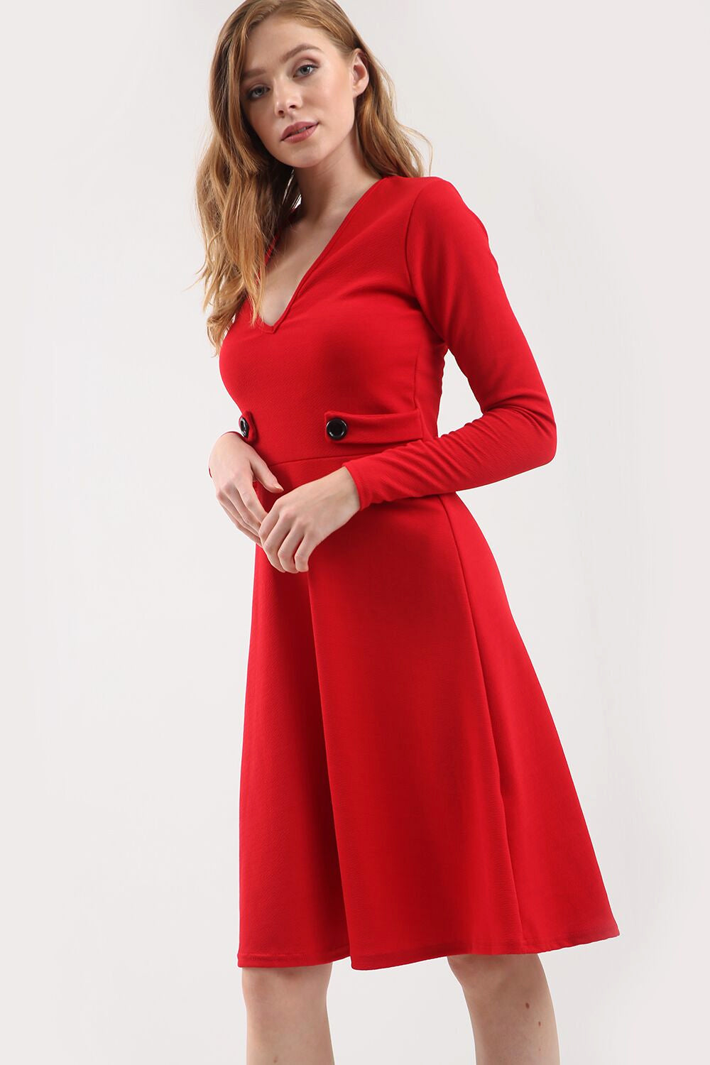 Long Sleeve Button Flared Midi Skater Dress - bejealous-com