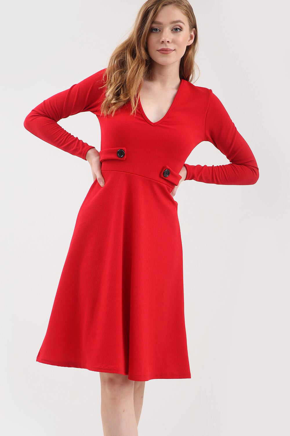 Long Sleeve Button Flared Midi Skater Dress - bejealous-com
