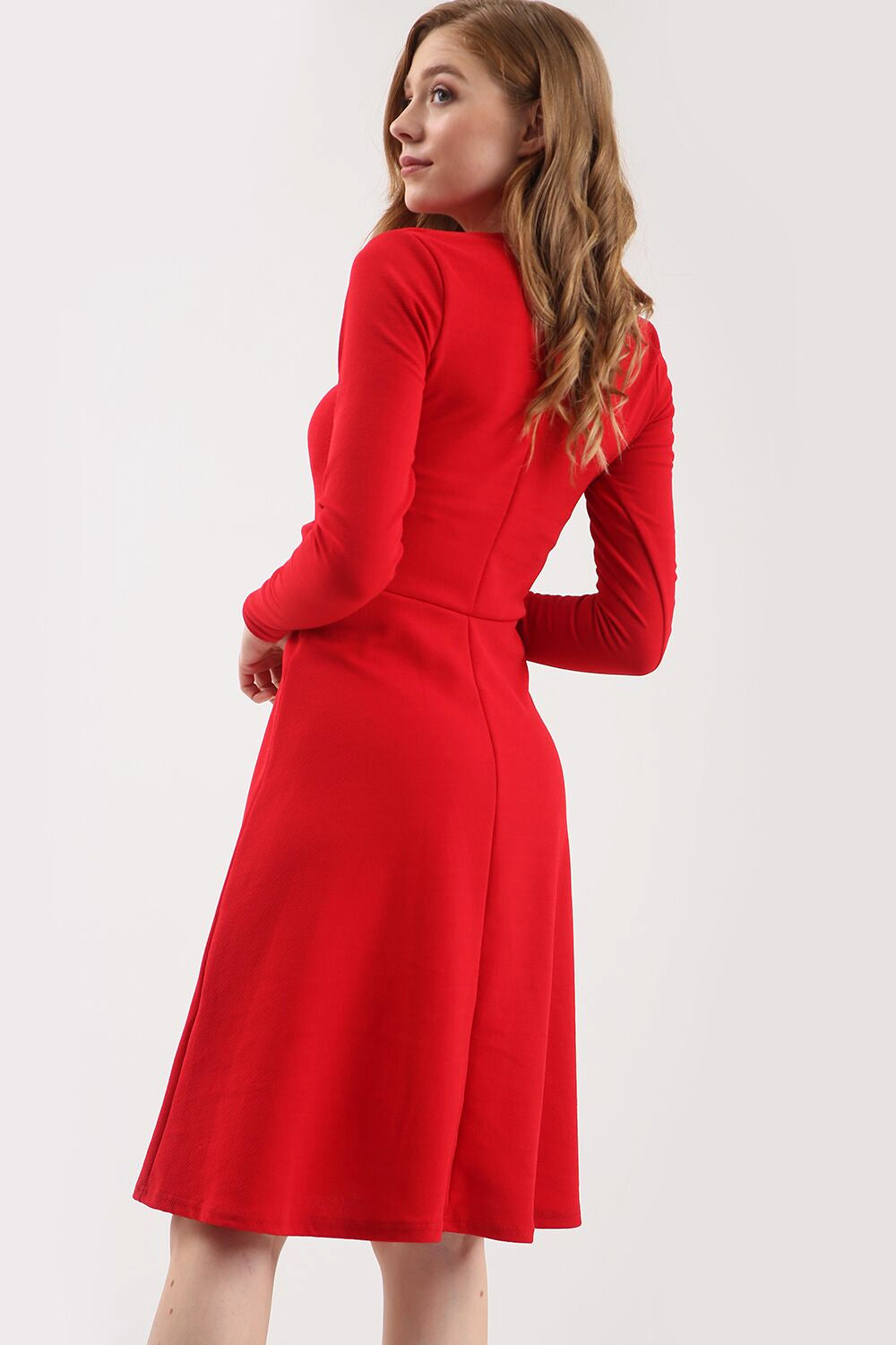 Long Sleeve Button Flared Midi Skater Dress - bejealous-com