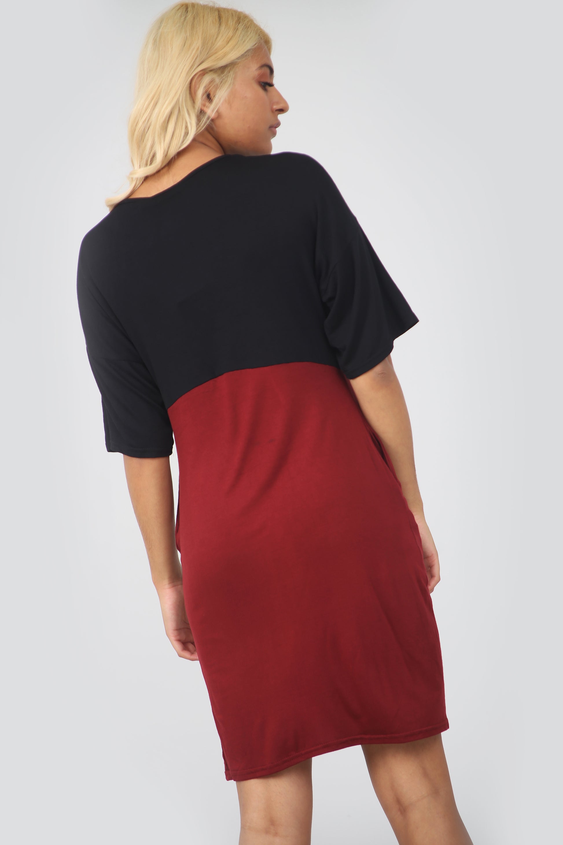 Colour Block Oversize Basic Tshirt Dress With Pockets - bejealous-com