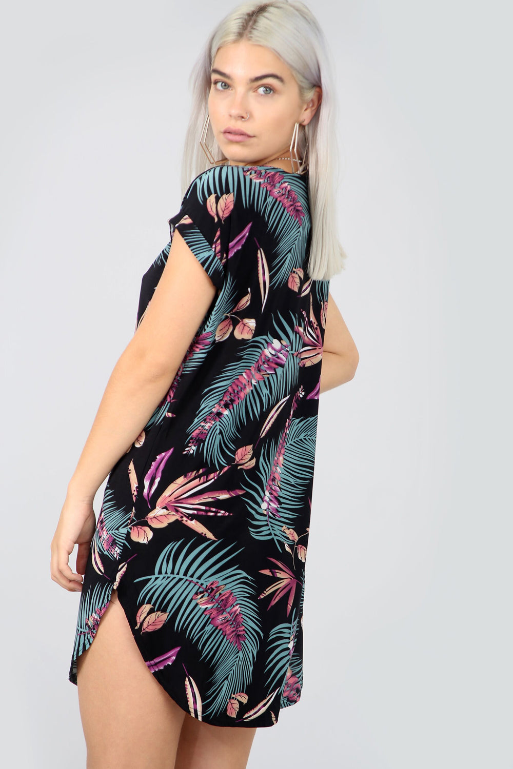 Floral Leaf Print Curved Hem Baggy Tshirt Dress - bejealous-com