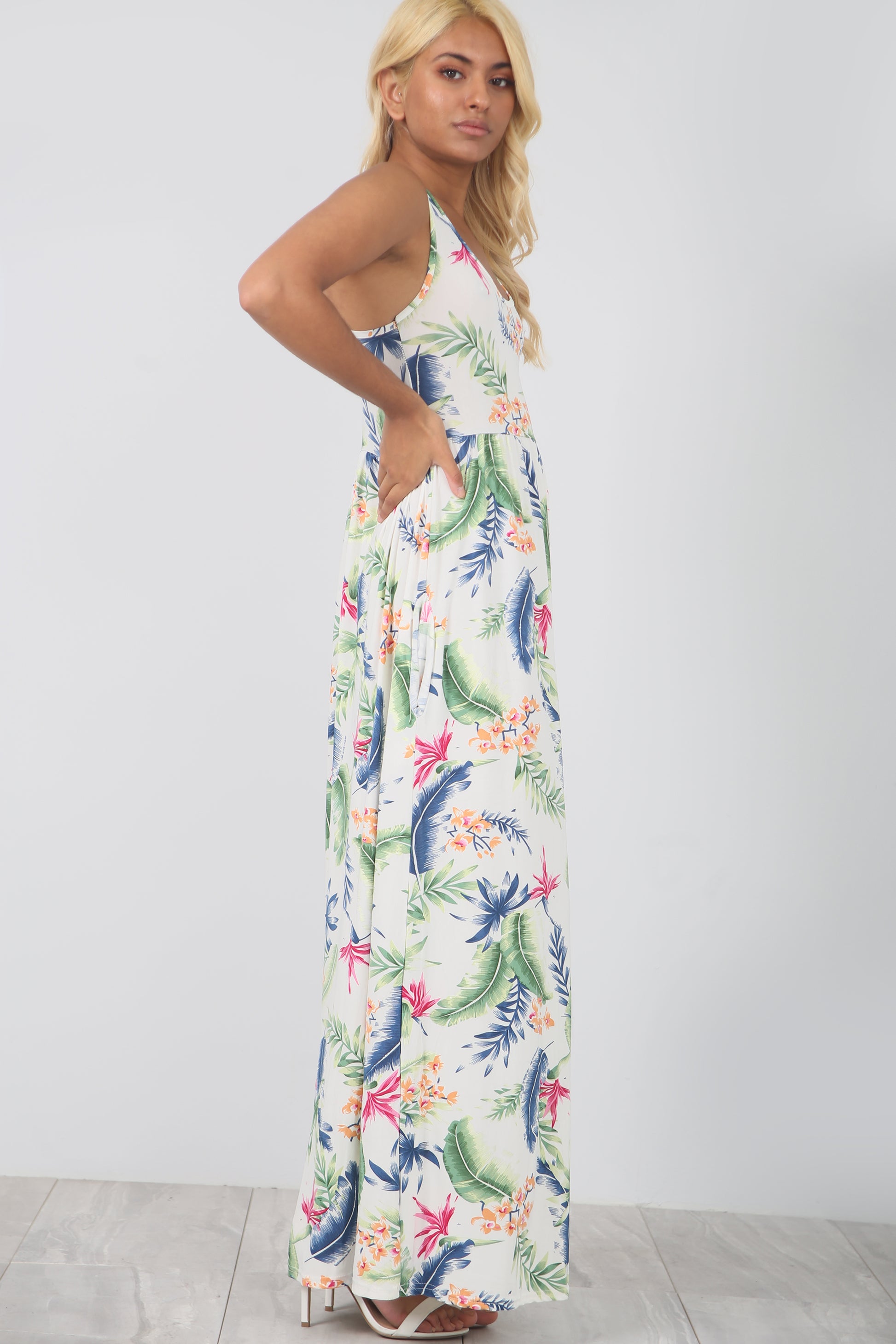 Floral White Slinky Maxi Dress With Pockets - bejealous-com