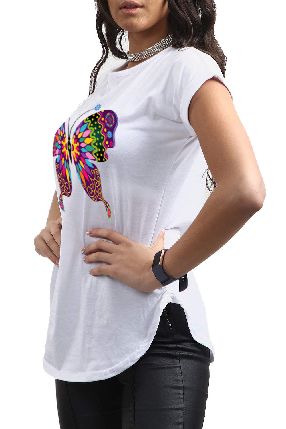 Lisa Multi Color Butterfly Curved Hem Basic Top