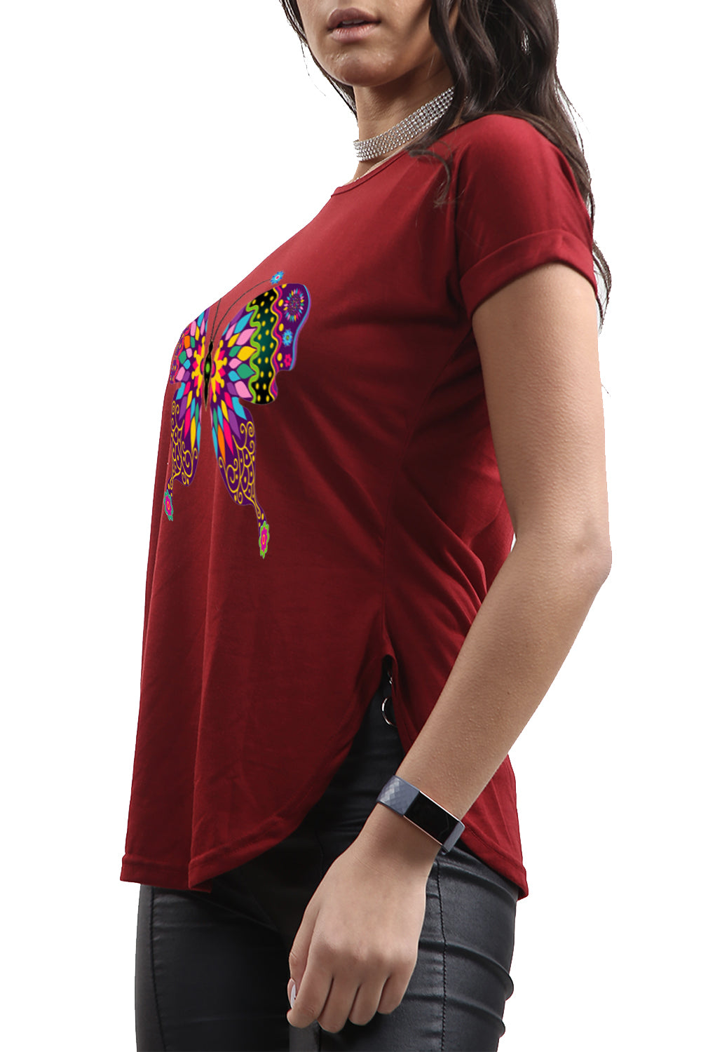Lisa Multi Color Butterfly Curved Hem Basic Top