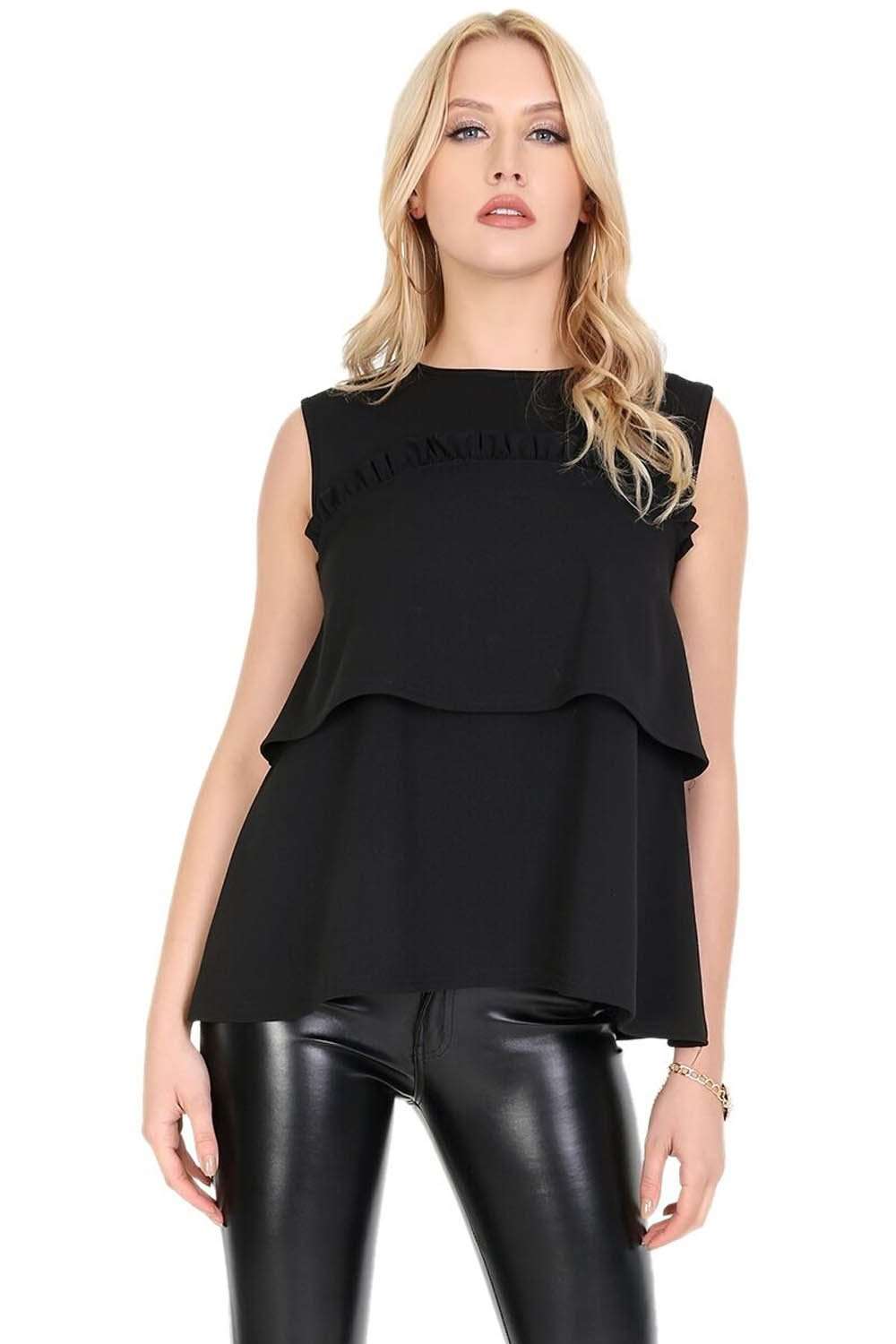 Black Crepe Sleeveless Tiered Frill Vest Top - bejealous-com