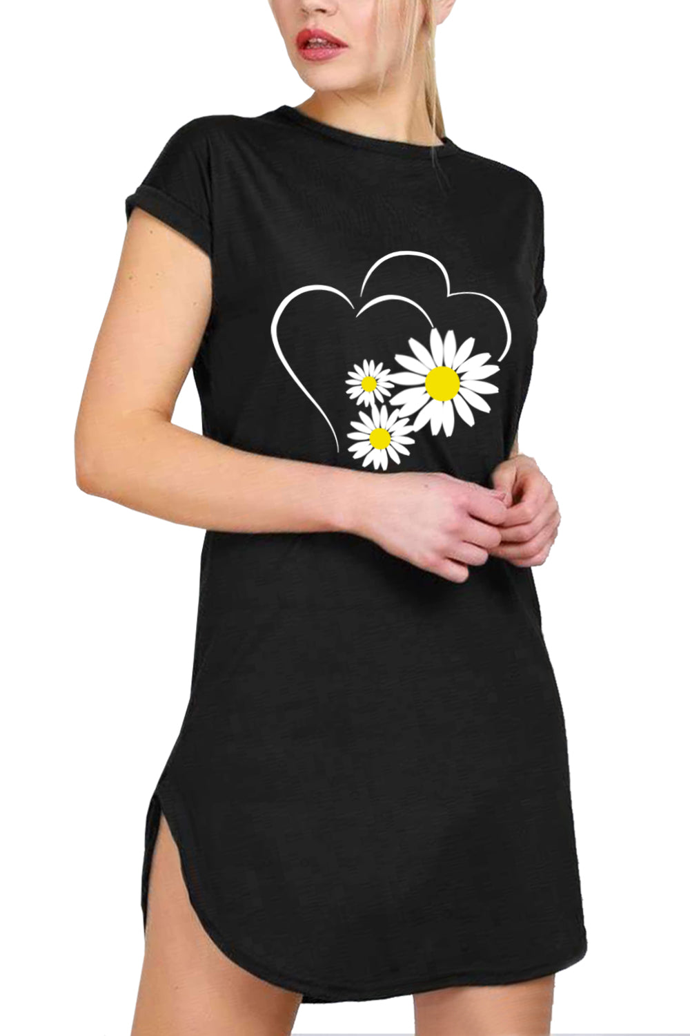 Rhea Two Heart Floral Curved Hem T Shirt Dress