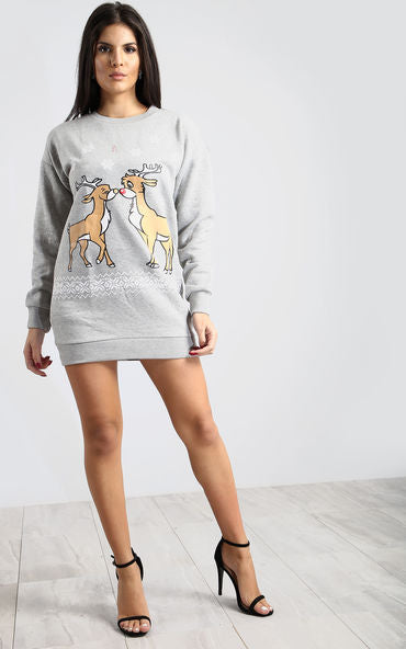 Long Sleeve Christmas Reindeer Jumper Dress