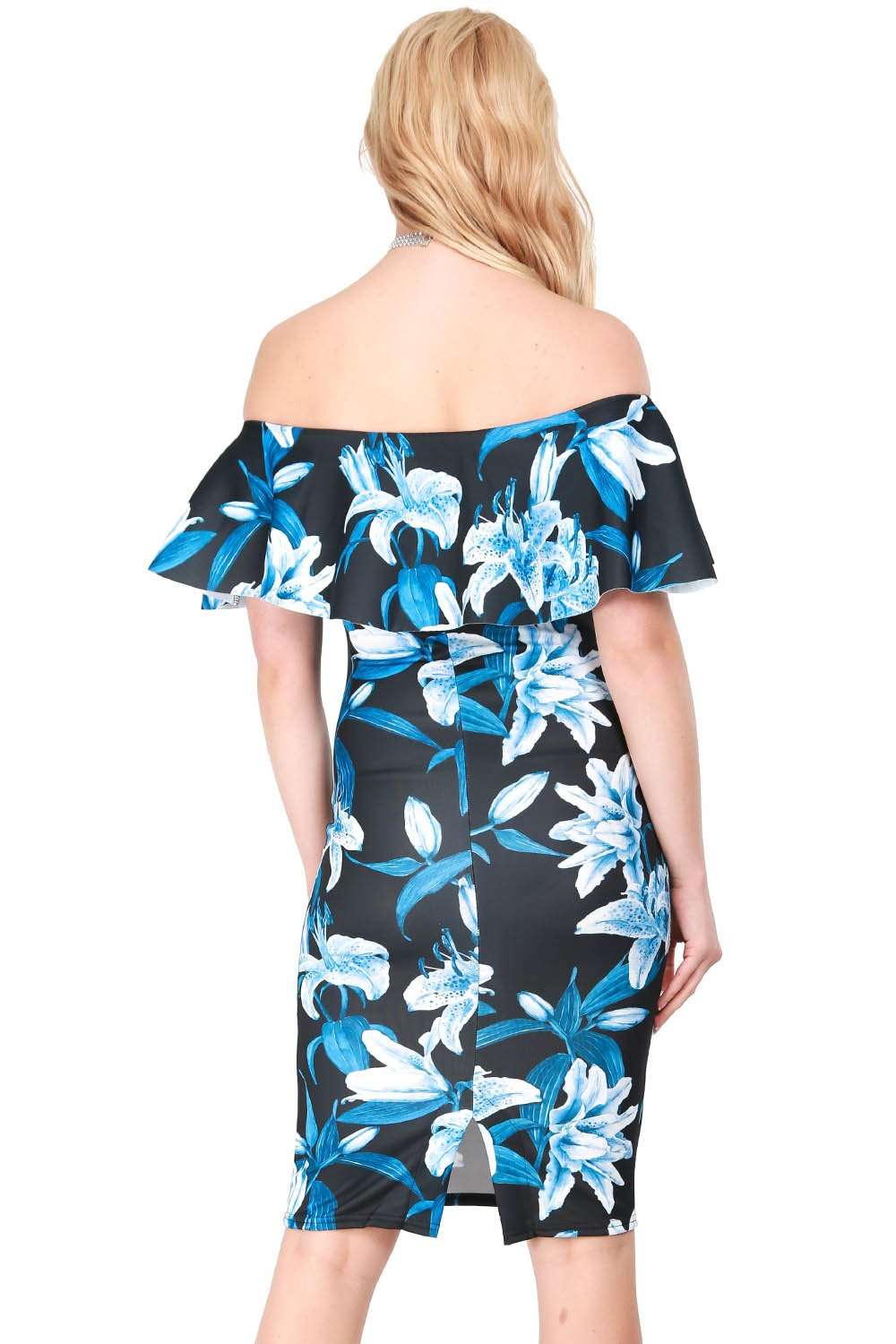 Off Shoulder Blue Floral Midi Bodycon Dress - bejealous-com