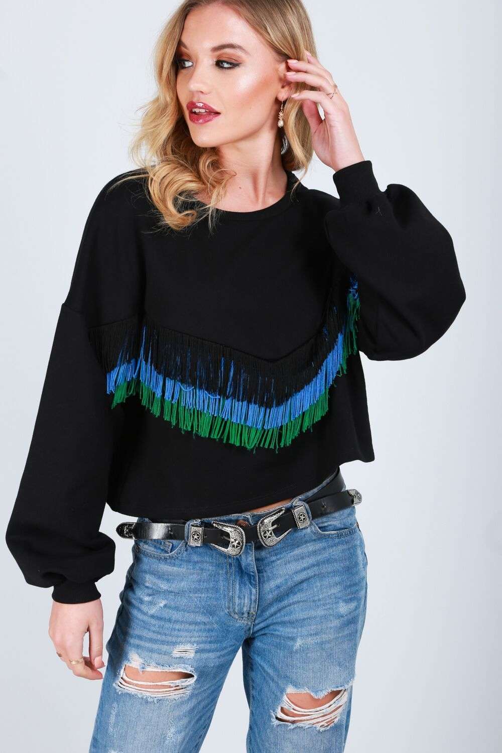 Alice Tassel Front Balloon Sleeve Cropped Sweatshirt - bejealous-com
