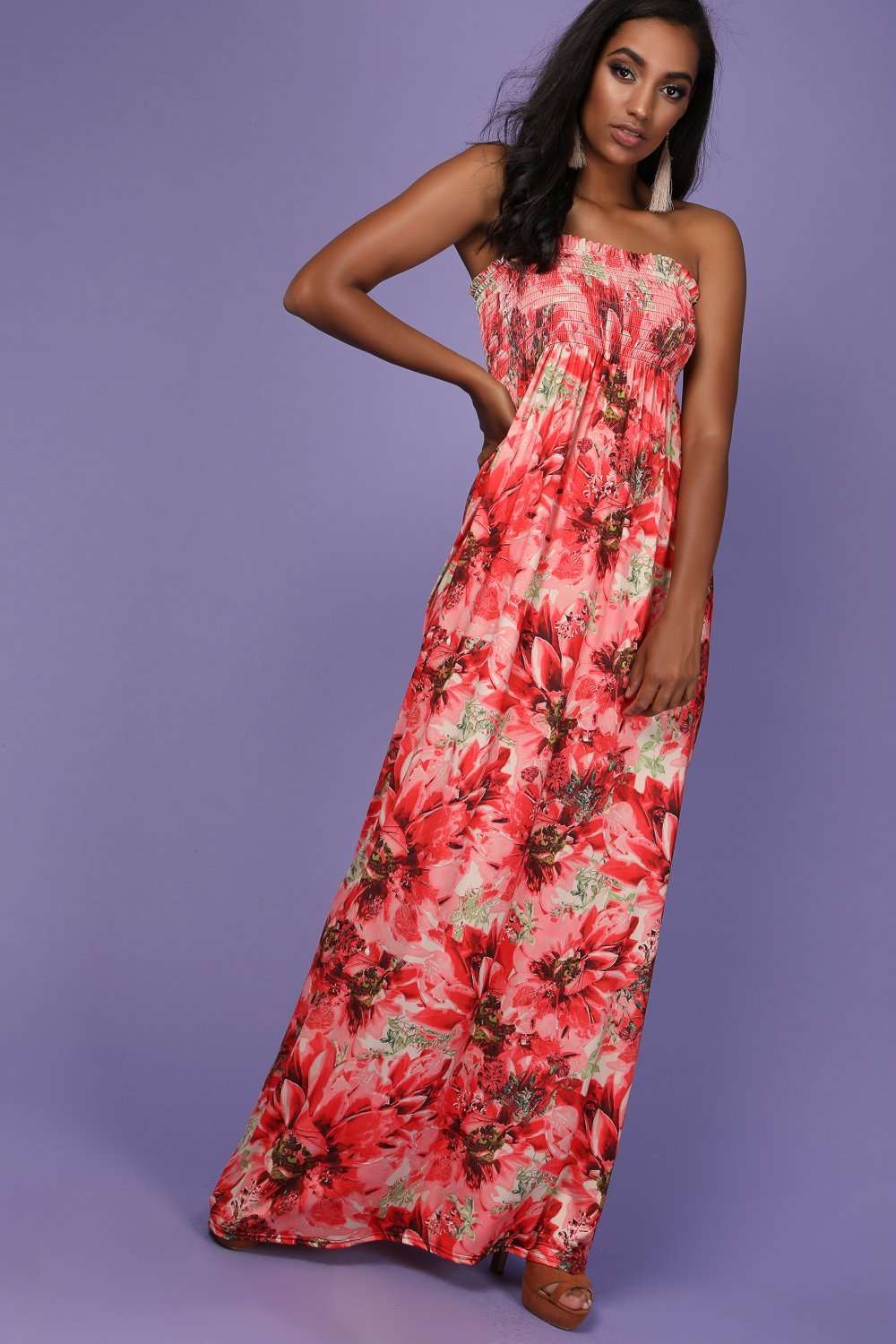 Alli Sheering Bardot Red Floral Maxi Dress - bejealous-com