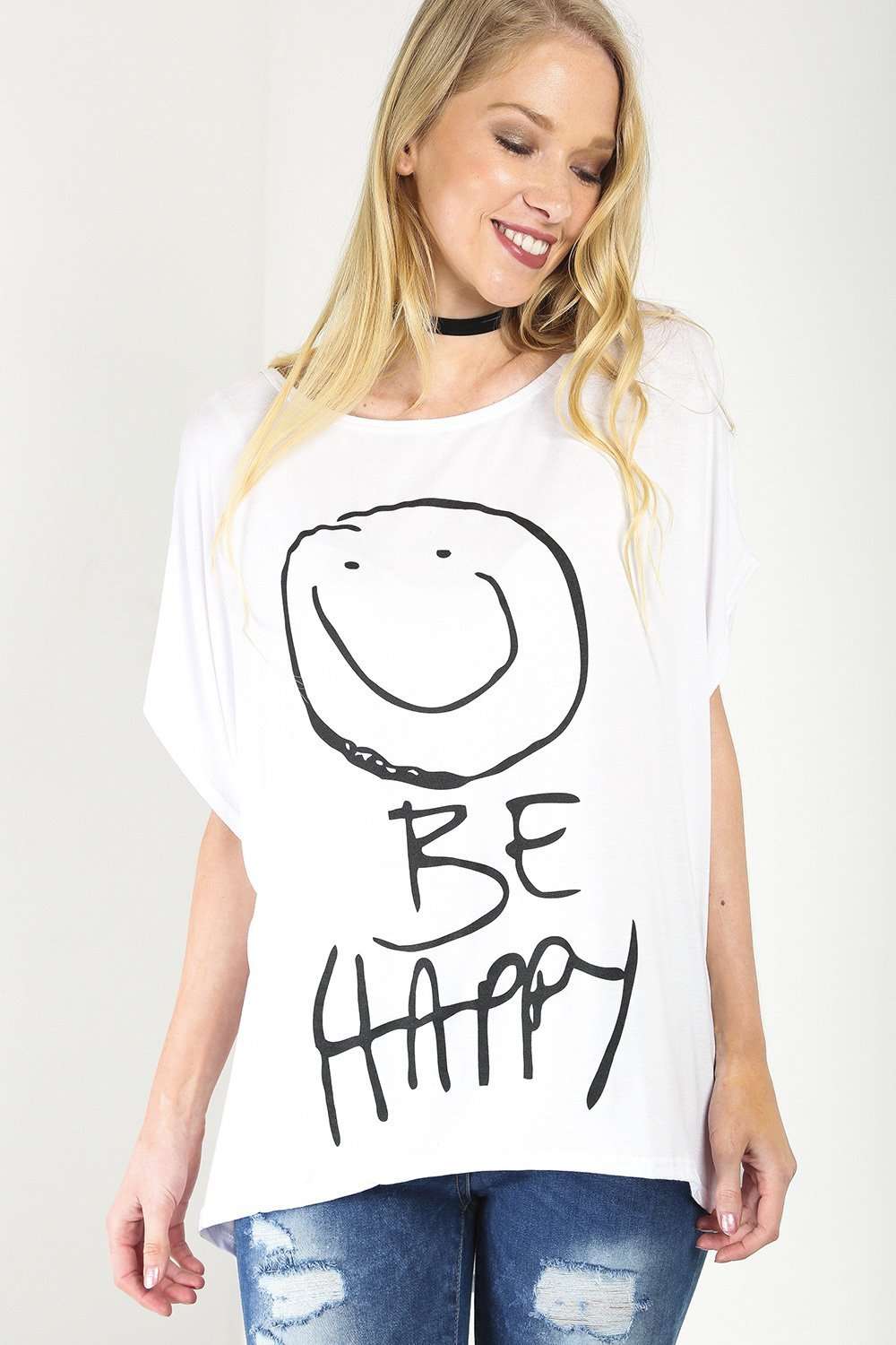 Arlene Be Happy Oversized Slogan Print TShirt - bejealous-com