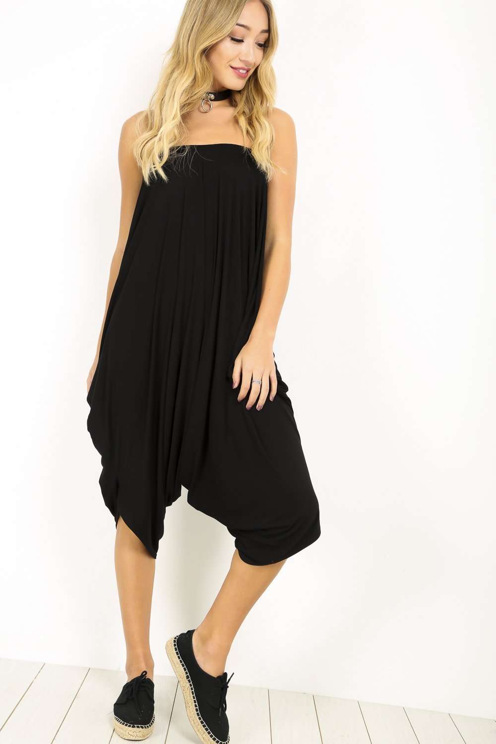 Black Bardot Basic Harem Cropped Leg Jumpsuit - bejealous-com
