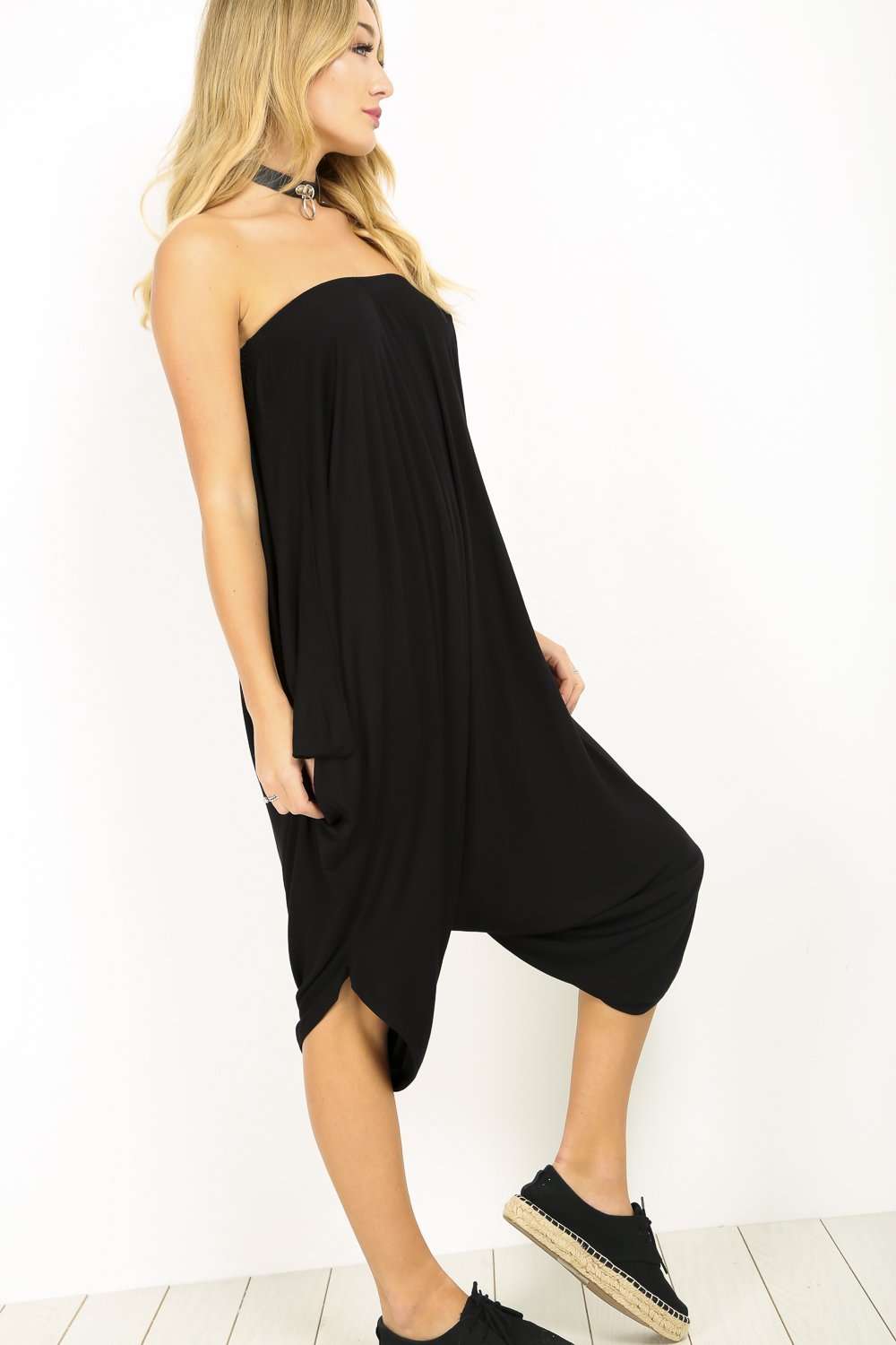 Black Bardot Basic Harem Cropped Leg Jumpsuit - bejealous-com