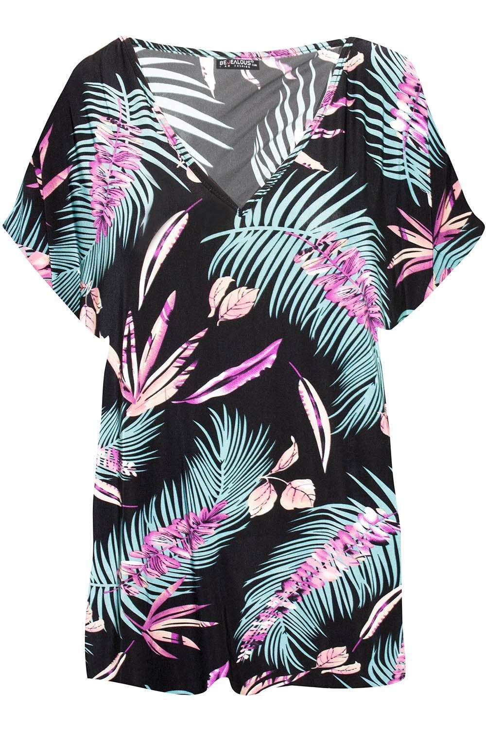 Green Leaf Oversize Tropical Print Roll Sleeve Tshirt - bejealous-com