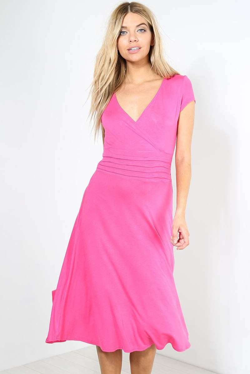 Cap Sleeve Vneck Pink Pleated Midi Swing Dress - bejealous-com