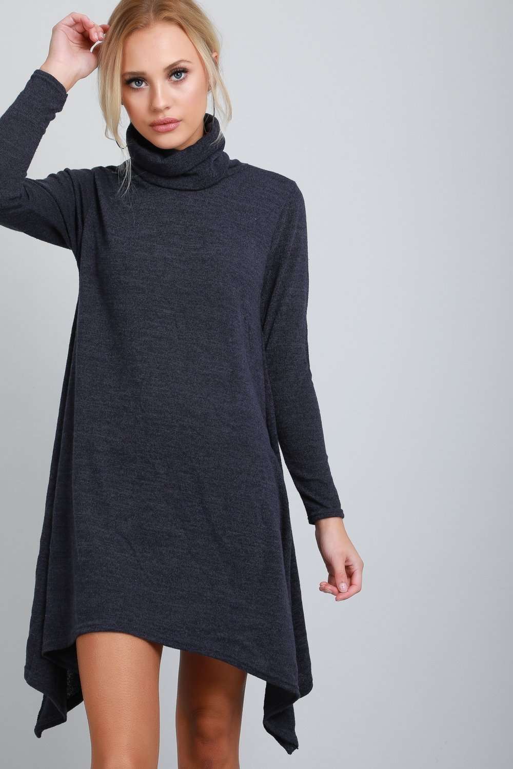 Cara Roll Neck Long Sleeve Dipped Hem Swing Dress - bejealous-com