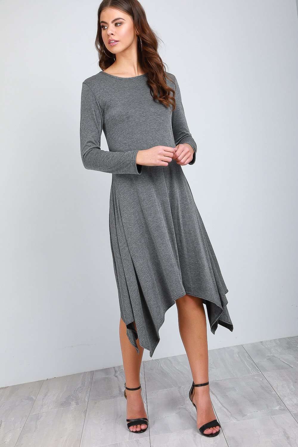 Long Sleeve Hanky Hem Navy Midi Dress - bejealous-com