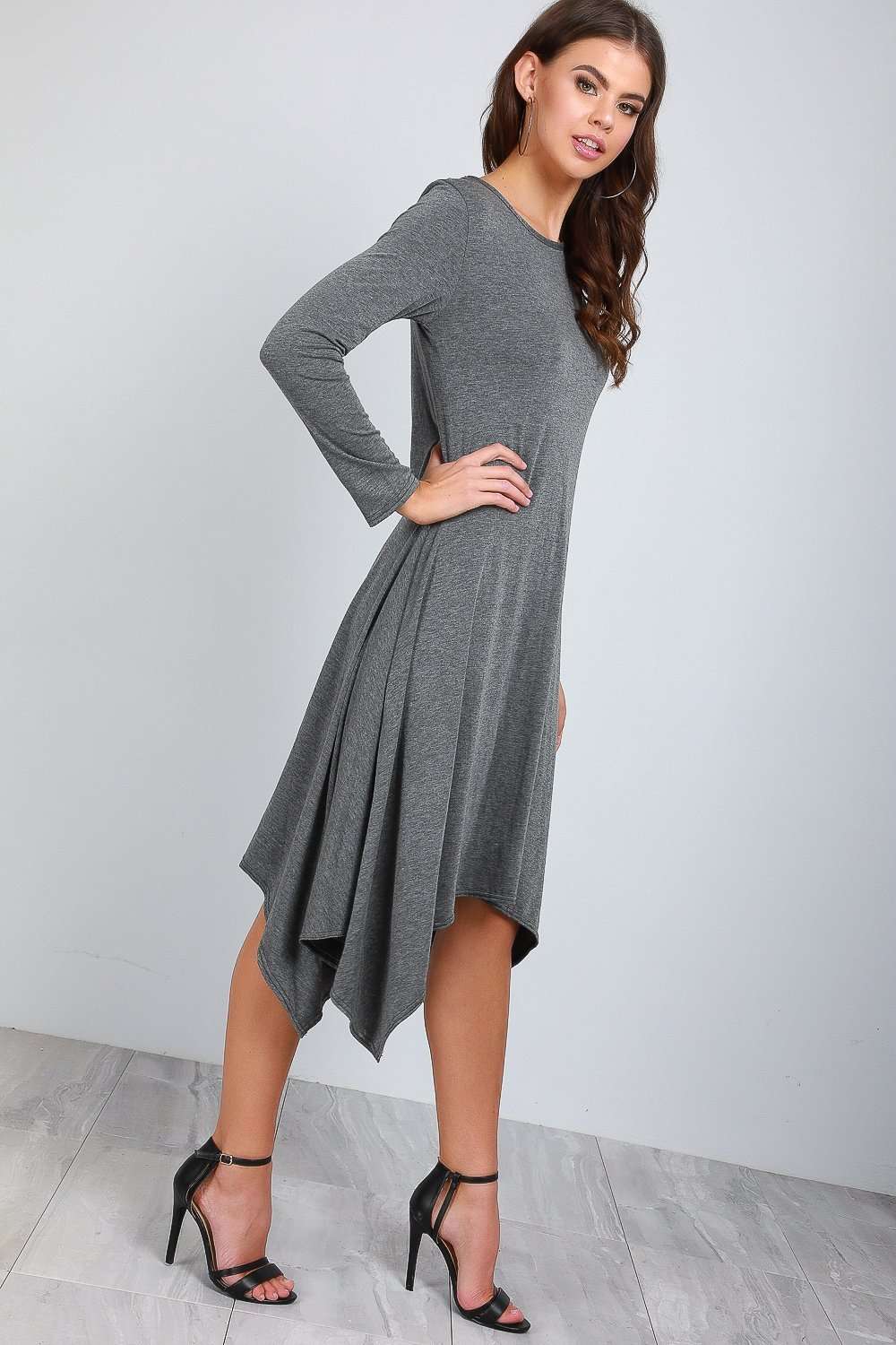Long Sleeve Hanky Hem Navy Midi Dress - bejealous-com