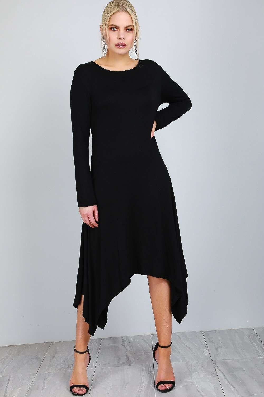 Long Sleeve Hanky Hem Navy Midi Dress - bejealous-com