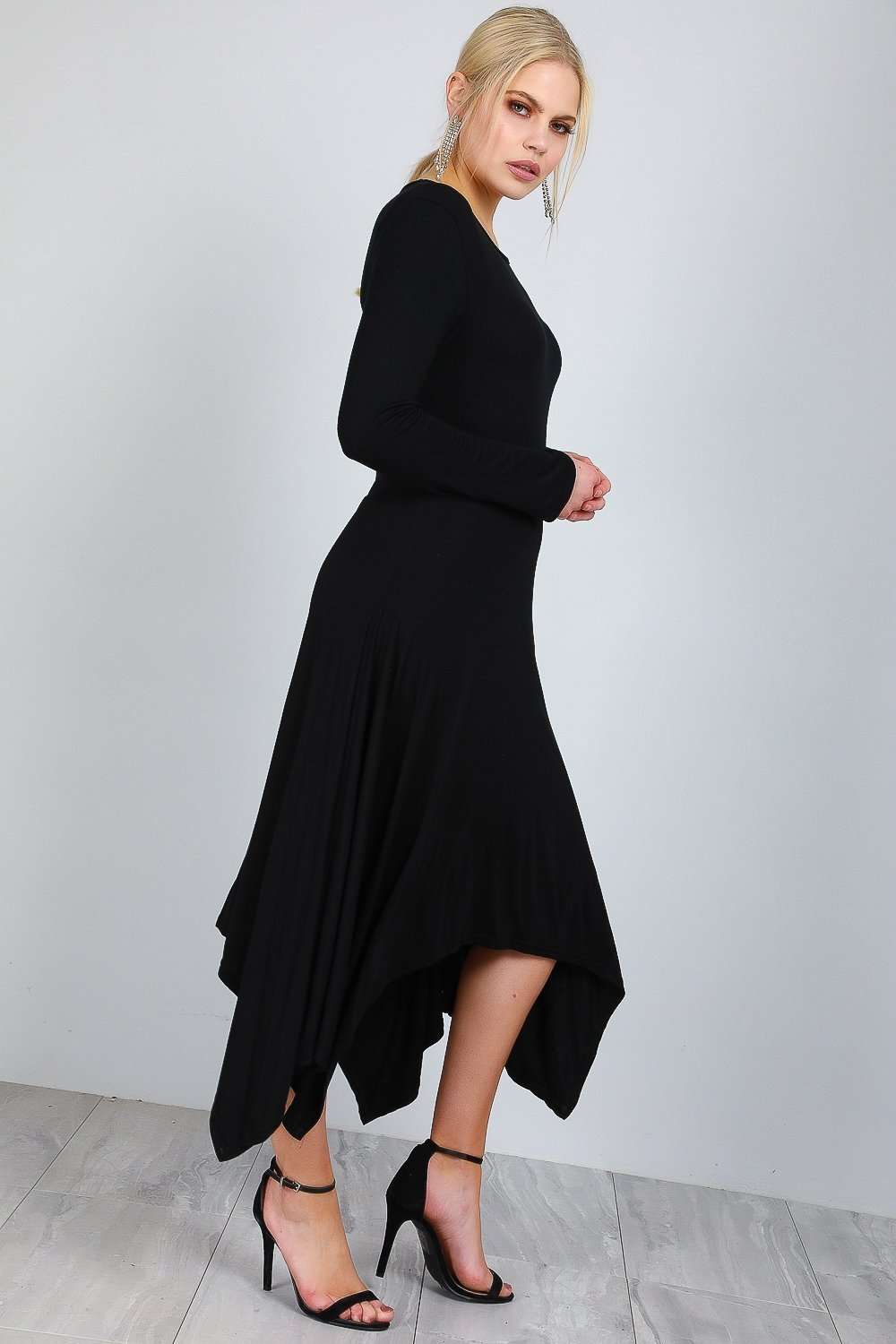Long Sleeve Hanky Hem Black Midi Dress - bejealous-com