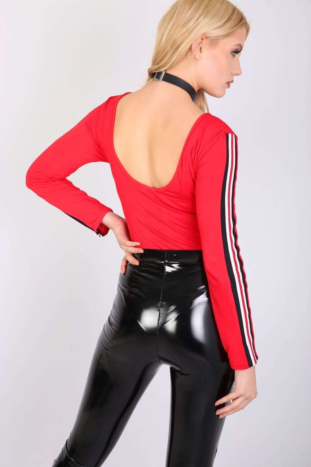 Dara Striped Sleeve Scoop Back Bodysuit - bejealous-com