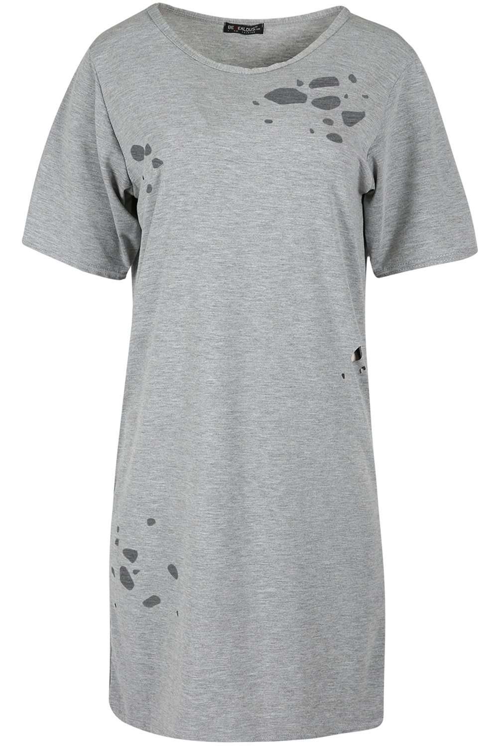 Dark Grey Ripped Oversized Basic Tshirt Dress - bejealous-com