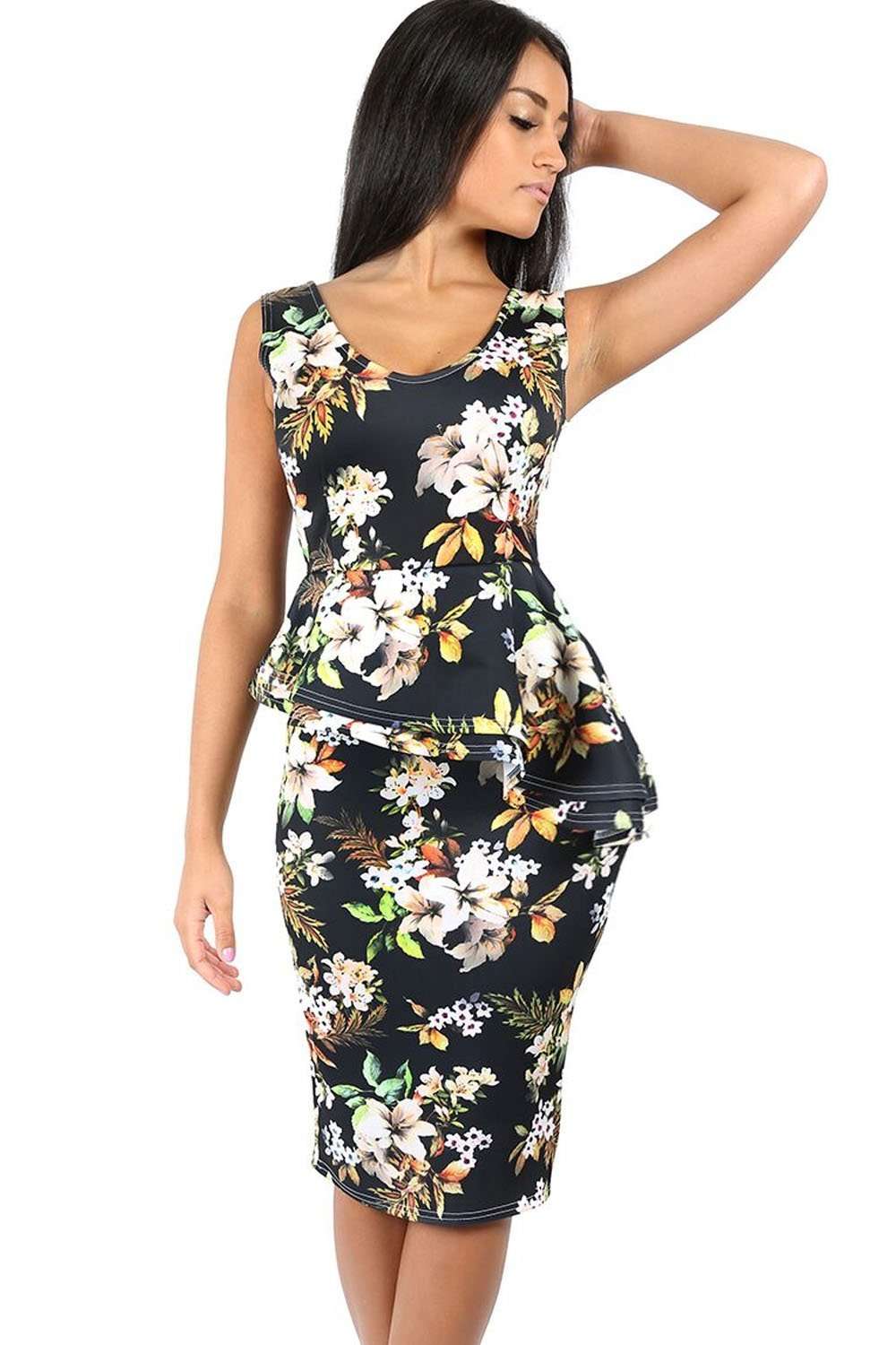 Elouise Floral Print Peplum Frill Midi Dress - bejealous-com