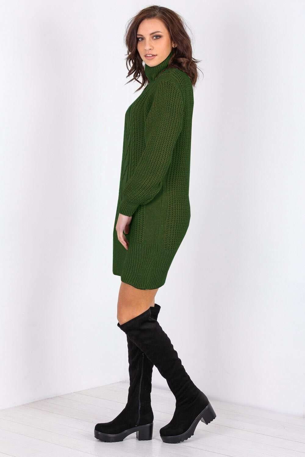 Long Sleeve Roll Neck Knitted Jumper Dress - bejealous-com