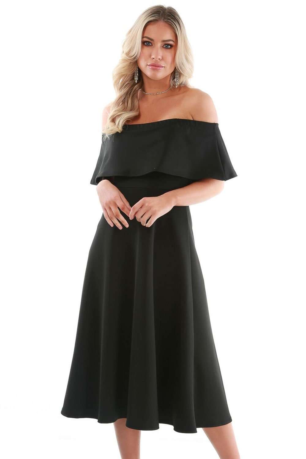 Elsie Bardot Frill Midi Skater Dress - bejealous-com