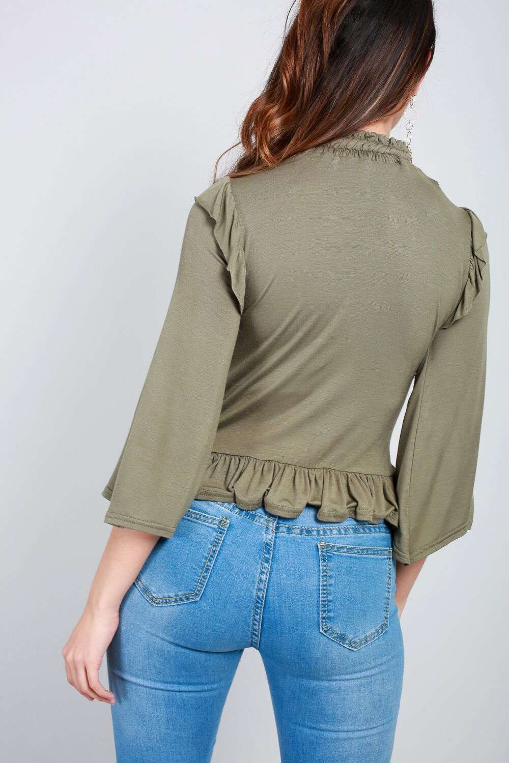 Emerald Funnel Neck Cropped Sleeve Frilly Top - bejealous-com