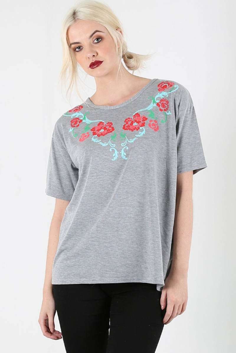 Floral Print Oversized Grey Basic Tshirt - bejealous-com