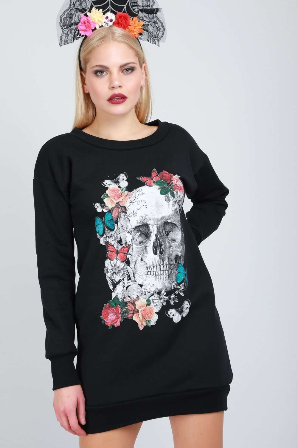 Long Sleeve Red Floral Skull Print Jumper Dress - bejealous-com