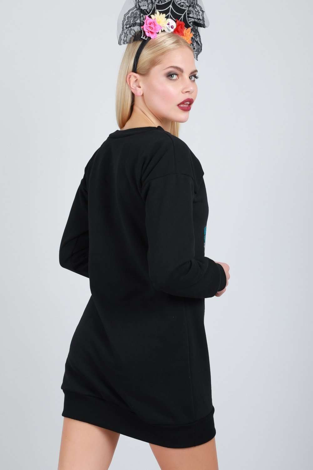 Long Sleeve Red Floral Skull Print Jumper Dress - bejealous-com