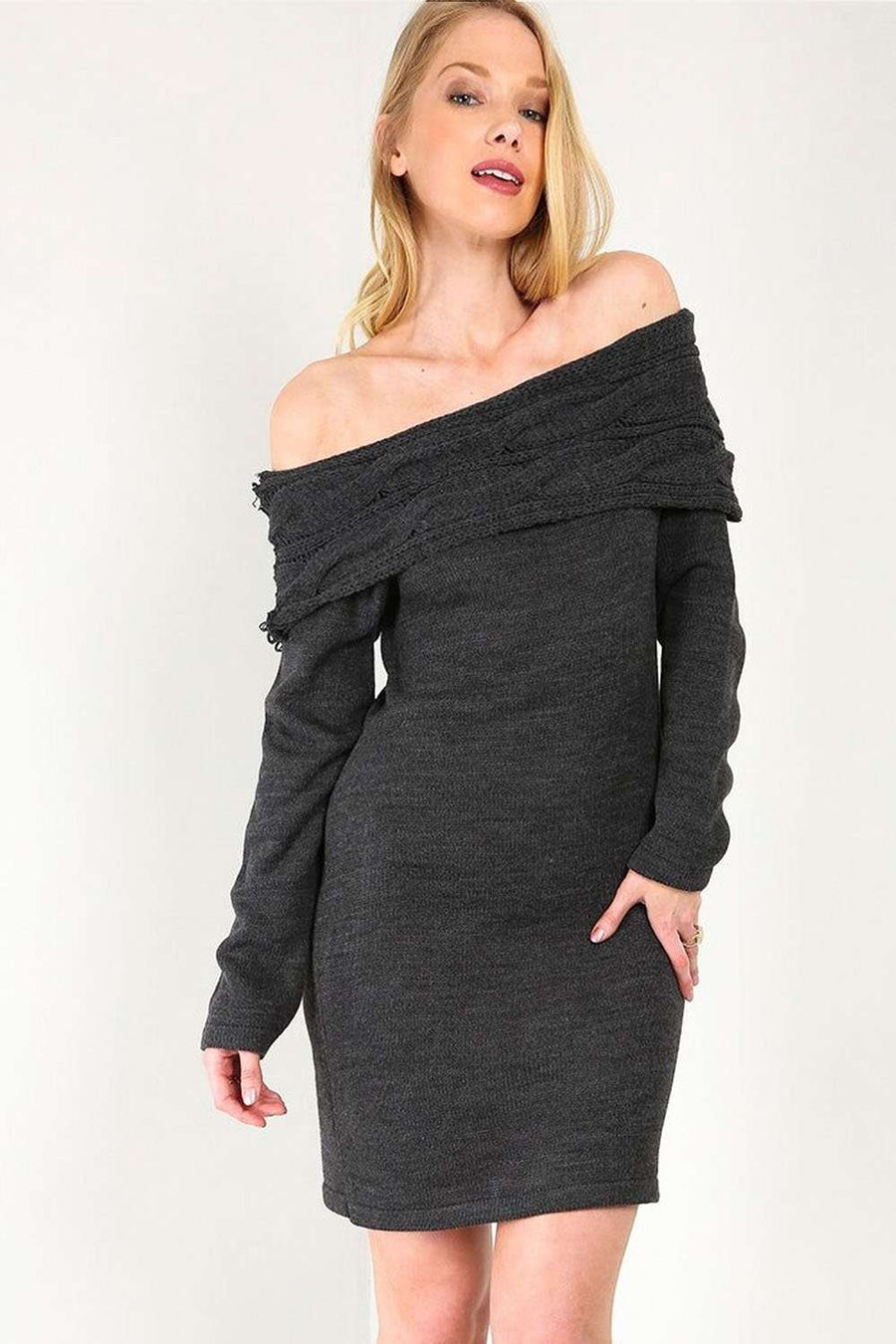 Off Shoulder Beige Knitted Jumper Dress - bejealous-com