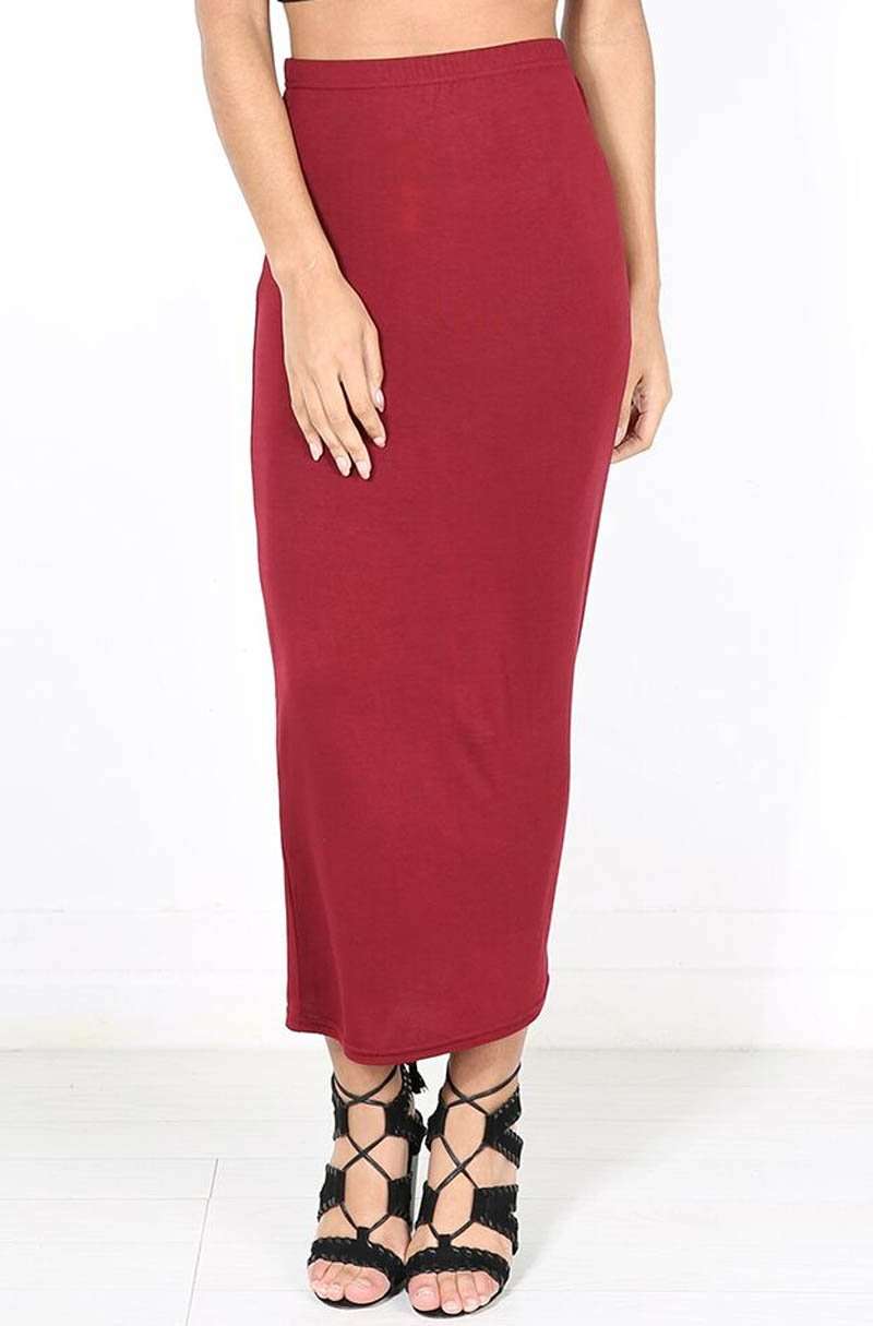High Waist Burgundy Basic Jersey Maxi Pencil Skirt - bejealous-com