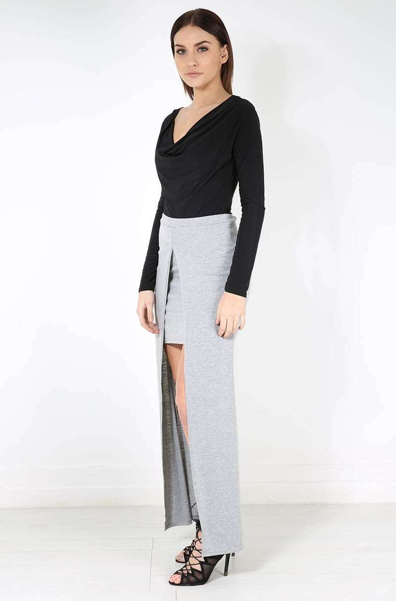 High Waisted Split Leg Grey Maxi Skirt - bejealous-com