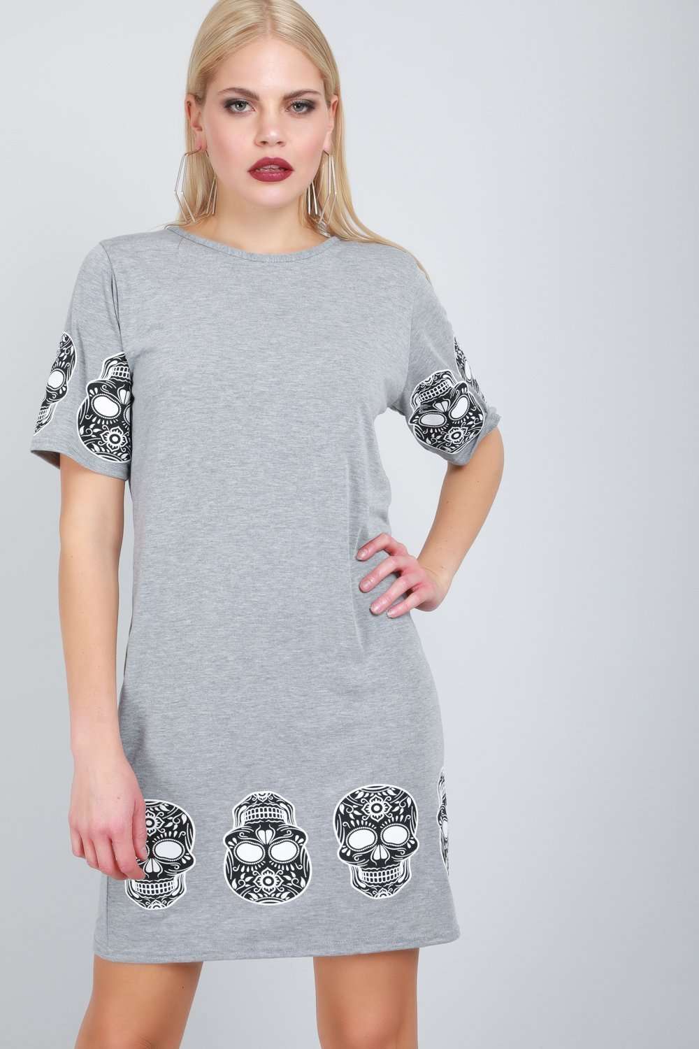 Skull Print Loose Fit White Tshirt Dress - bejealous-com